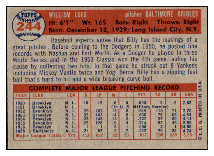 1957 Topps Baseball #244 Billy Loes Orioles NR-MT 497447