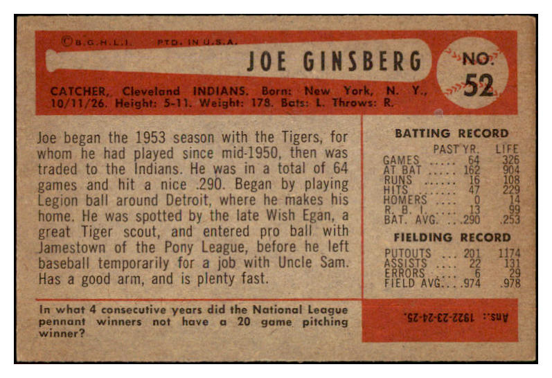 1954 Bowman Baseball #052 Joe Ginsberg Indians NR-MT 497607