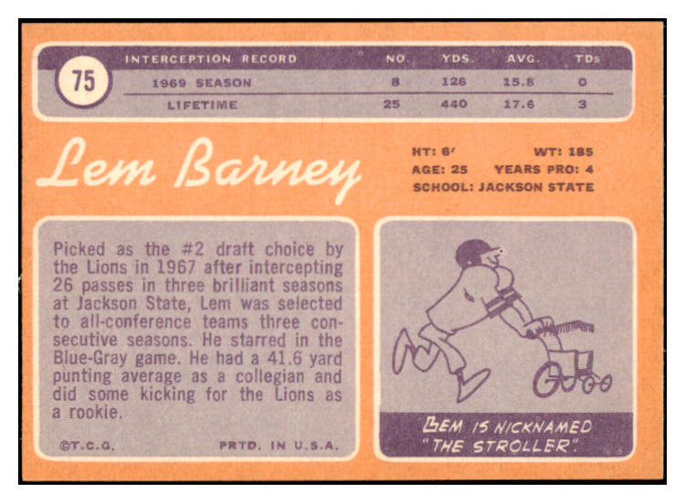 1970 Topps Football #075 Lem Barney Lions EX-MT 497837