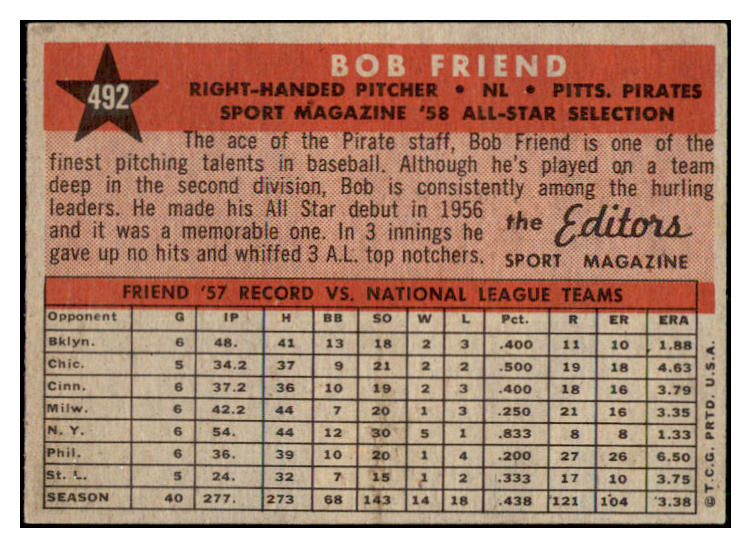 1958 Topps Baseball #492 Bob Friend A.S. Pirates NR-MT 497919