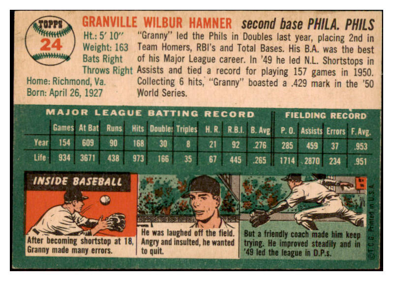1954 Topps Baseball #024 Granny Hamner Phillies EX-MT 497998