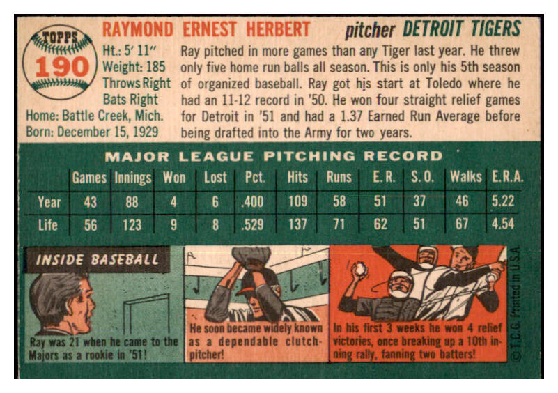 1954 Topps Baseball #190 Ray Herbert Tigers EX-MT 498046