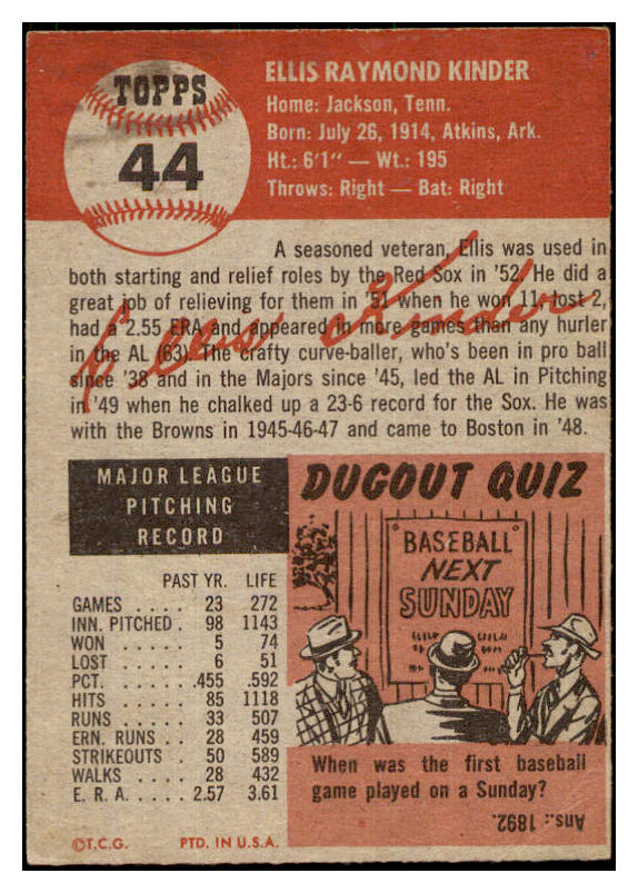 1953 Topps Baseball #044 Ellis Kinder Red Sox EX 498383