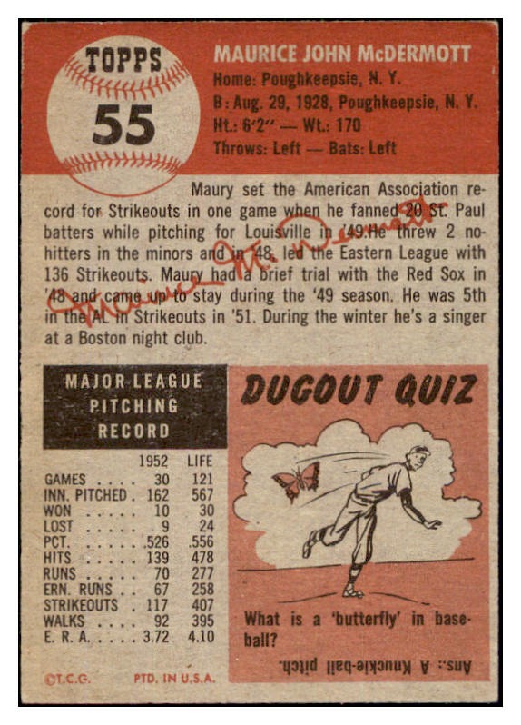 1953 Topps Baseball #055 Maurice McDermott Red Sox EX-MT 498424