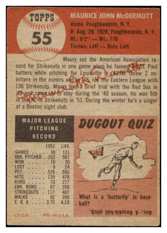 1953 Topps Baseball #055 Maurice McDermott Red Sox VG-EX 498426