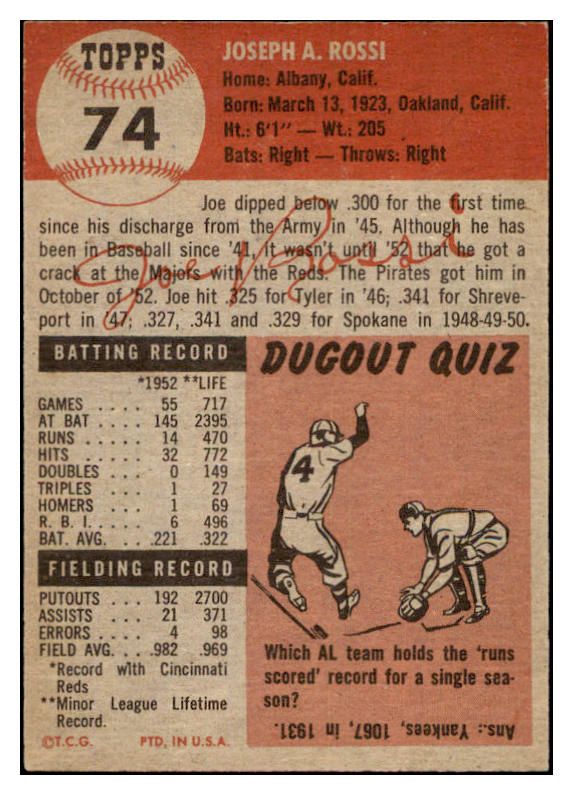 1953 Topps Baseball #074 Joe Rossi Pirates EX-MT 498489
