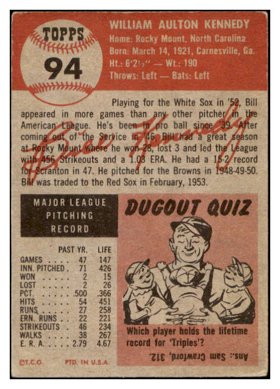 1953 Topps Baseball #094 Bill Kennedy Red Sox VG-EX 498539