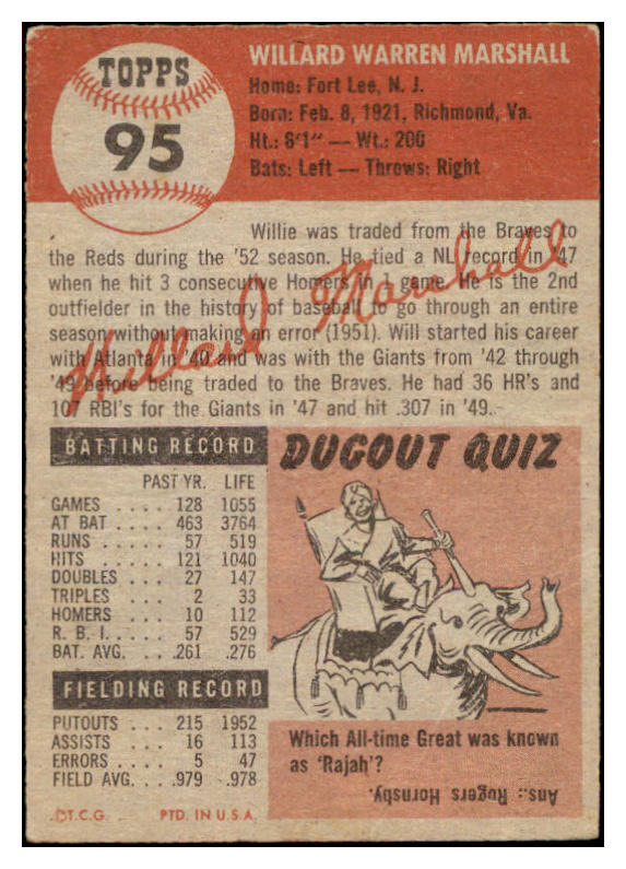 1953 Topps Baseball #095 Willard Marshall Reds GD-VG 498544