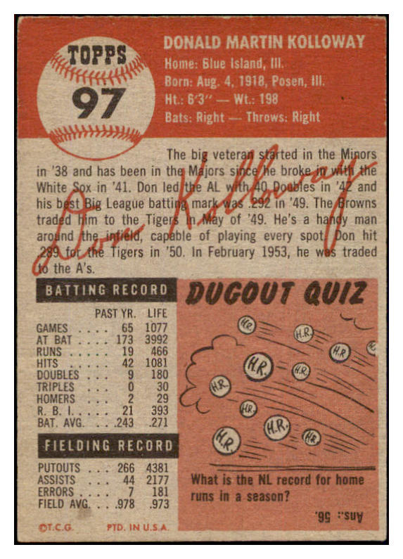 1953 Topps Baseball #097 Don Kolloway A's EX-MT 498548