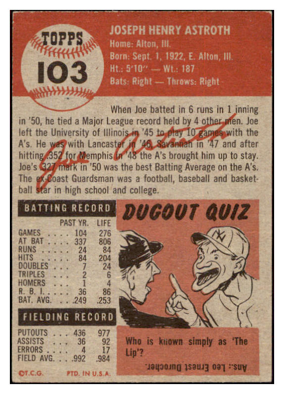 1953 Topps Baseball #103 Joe Astroth A's VG-EX 498576