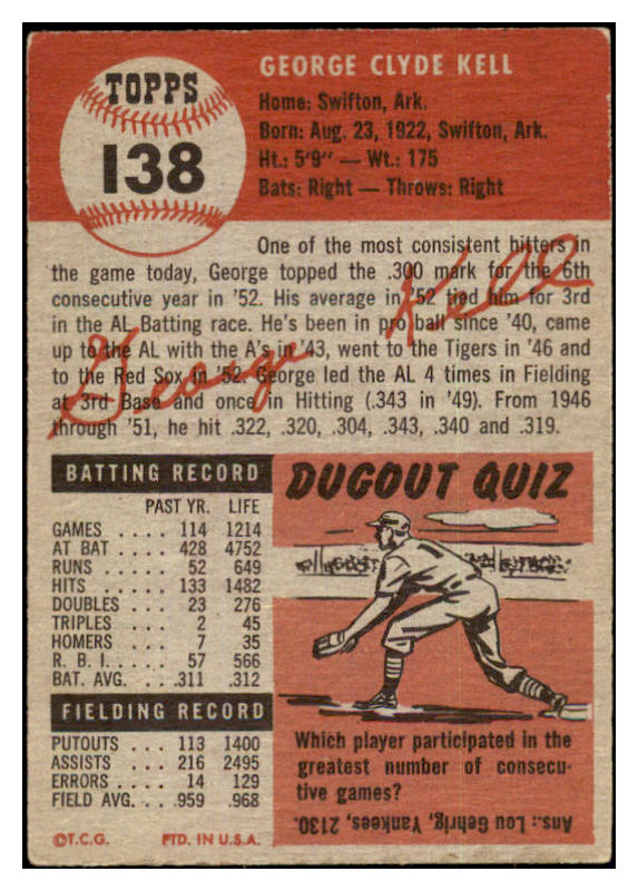 1953 Topps Baseball #138 George Kell Red Sox EX-MT 498670