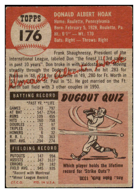 1953 Topps Baseball #176 Don Hoak Dodgers VG-EX 498793