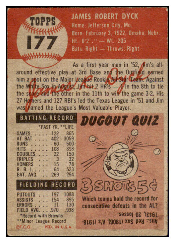 1953 Topps Baseball #177 Jim Dyck Browns EX 498795
