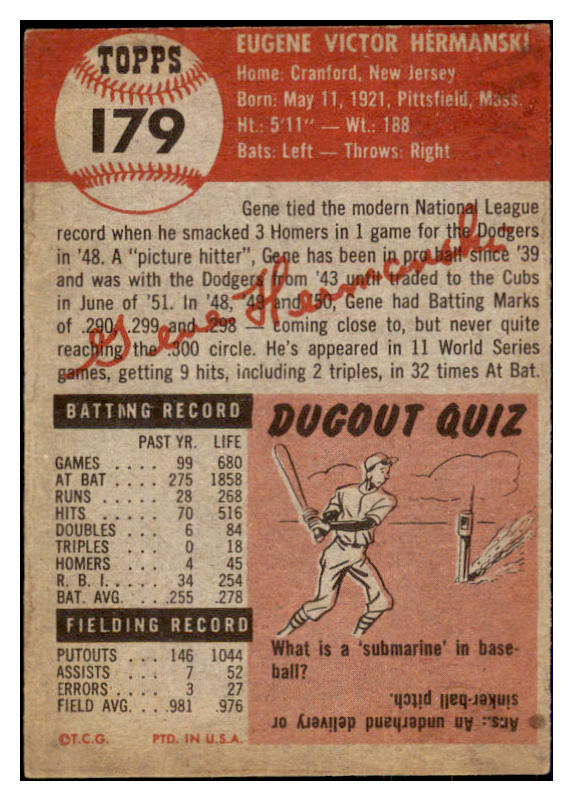 1953 Topps Baseball #179 Gene Hermanski Cubs EX 498804