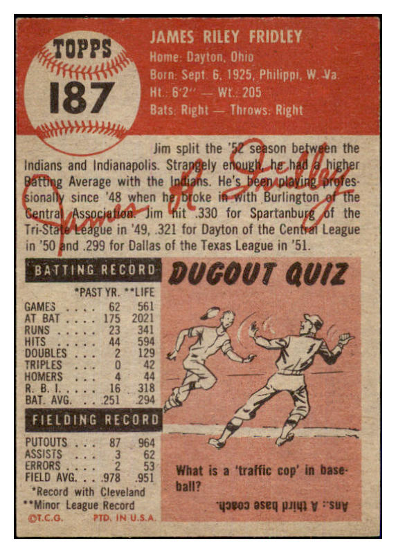 1953 Topps Baseball #187 Jim Fridley Indians EX-MT 498830