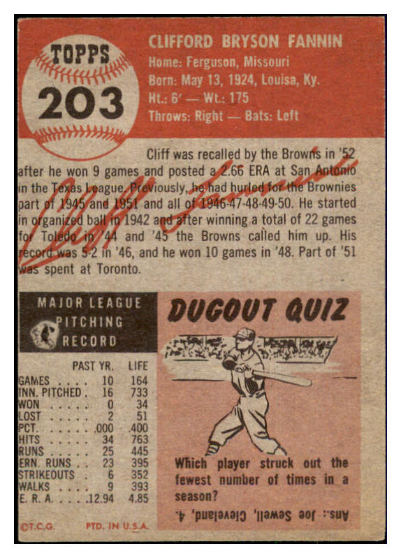 1953 Topps Baseball #203 Cliff Fannin Browns EX 498880