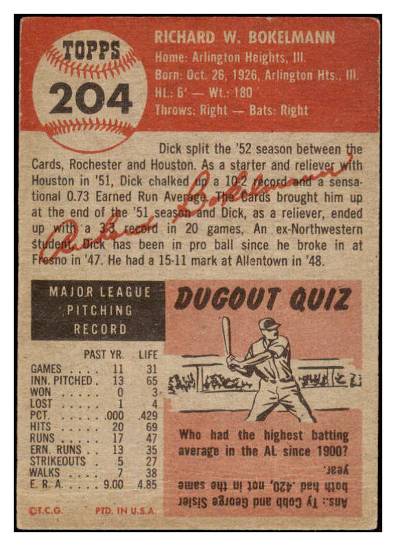 1953 Topps Baseball #204 Dick Bokelmann Cardinals GD-VG 498885