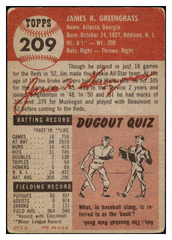 1953 Topps Baseball #209 Jim Greengrass Reds VG-EX 498901
