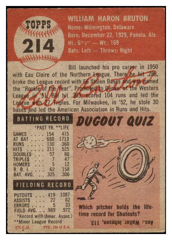 1953 Topps Baseball #214 Bill Bruton Braves EX 498917
