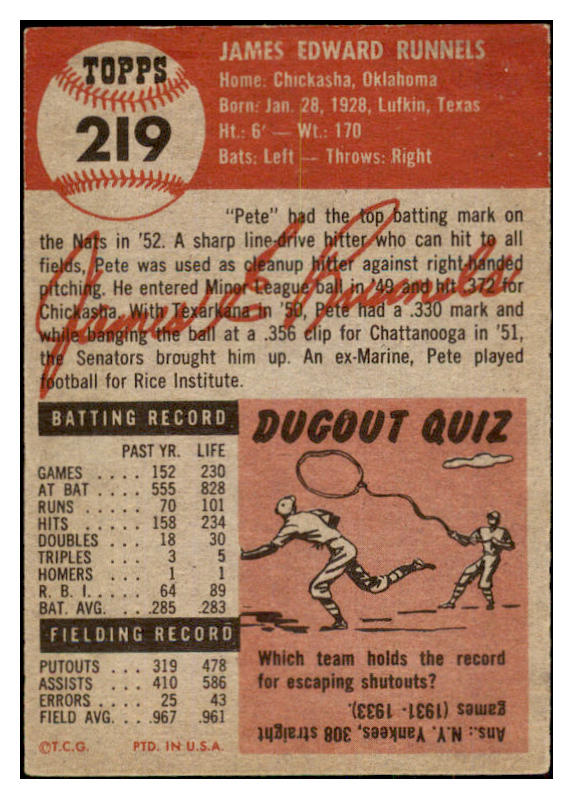 1953 Topps Baseball #219 Pete Runnels Senators EX 498929