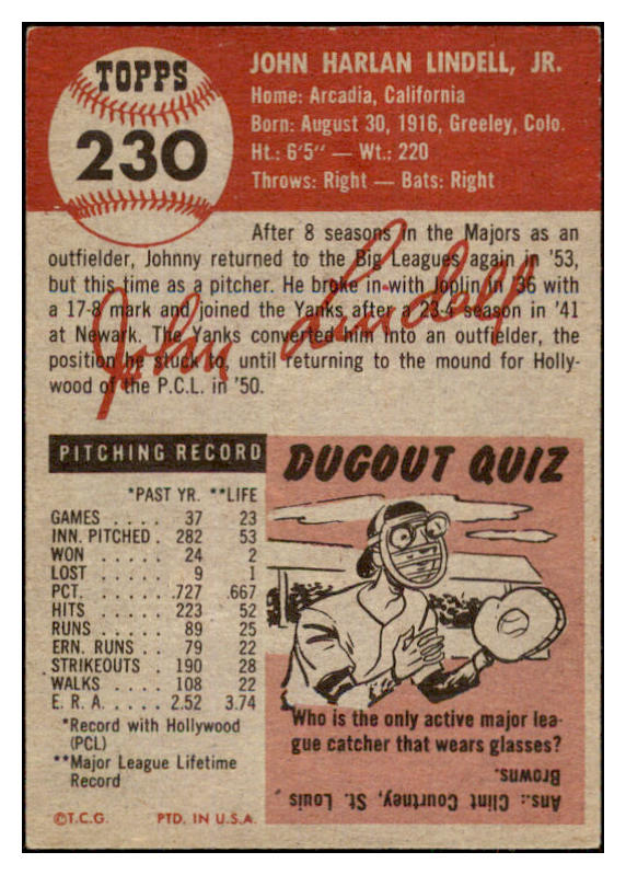 1953 Topps Baseball #230 Johnny Lindell Pirates EX-MT 498935
