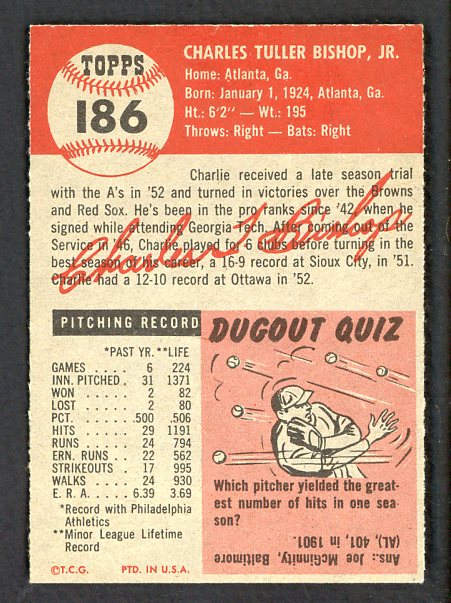 1953 Topps Baseball #186 Charlie Bishop A's NR-MT 499020