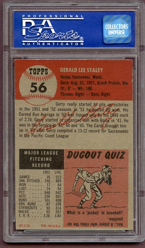 1953 Topps Baseball #056 Gerry Staley Cardinals PSA 8 NM/MT oc 499792