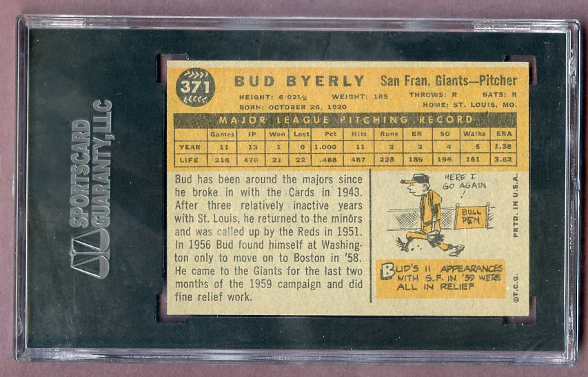 1960 Topps Baseball #371 Bud Byerly Giants SGC 7.5 NM+ 499861