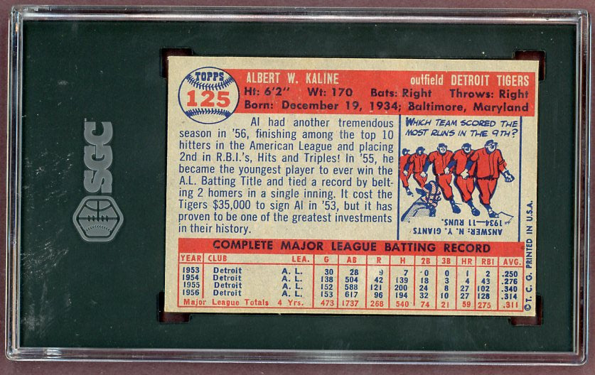 1957 Topps Baseball #125 Al Kaline Tigers SGC Auth 500032