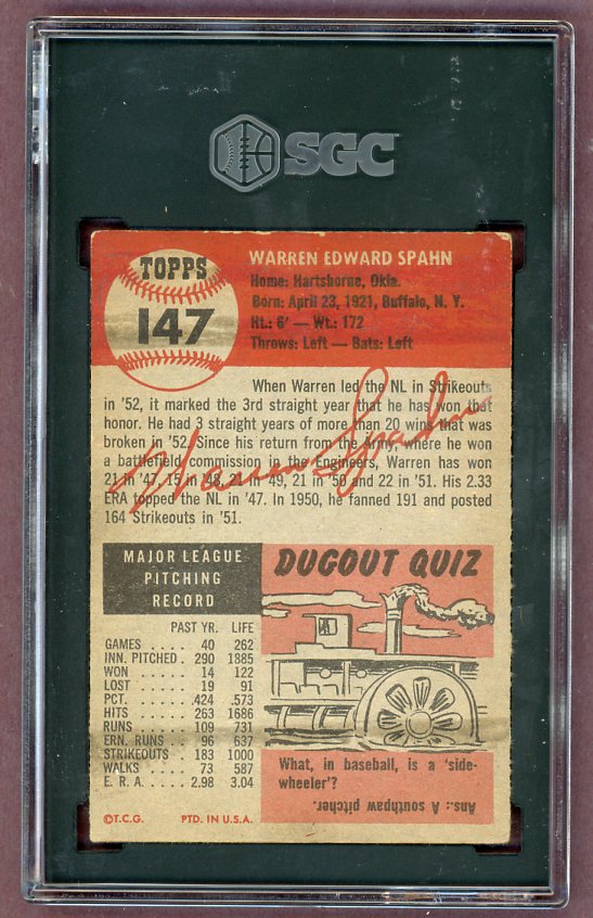1953 Topps Baseball #147 Warren Spahn Braves SGC 3.5 VG+ 500283