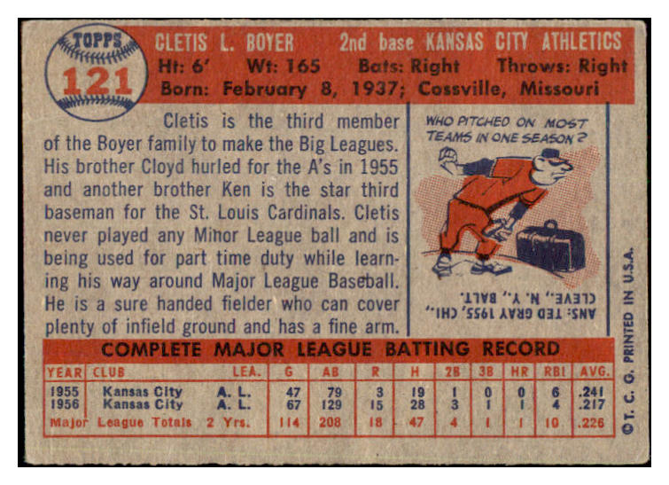 1957 Topps Baseball #121 Clete Boyer A's VG-EX 501067