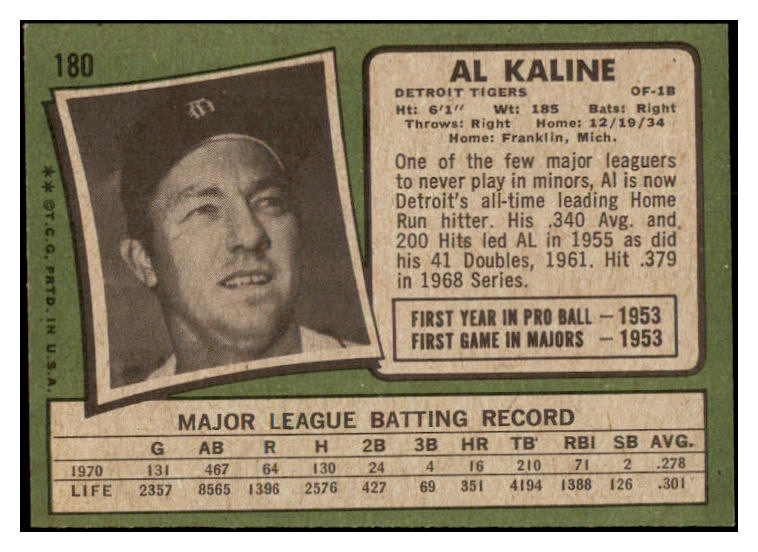 1971 Topps Baseball #180 Al Kaline Tigers VG-EX 501133
