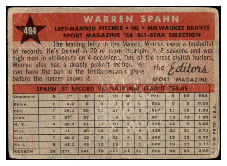 1958 Topps Baseball #494 Warren Spahn A.S. Braves Good 501201