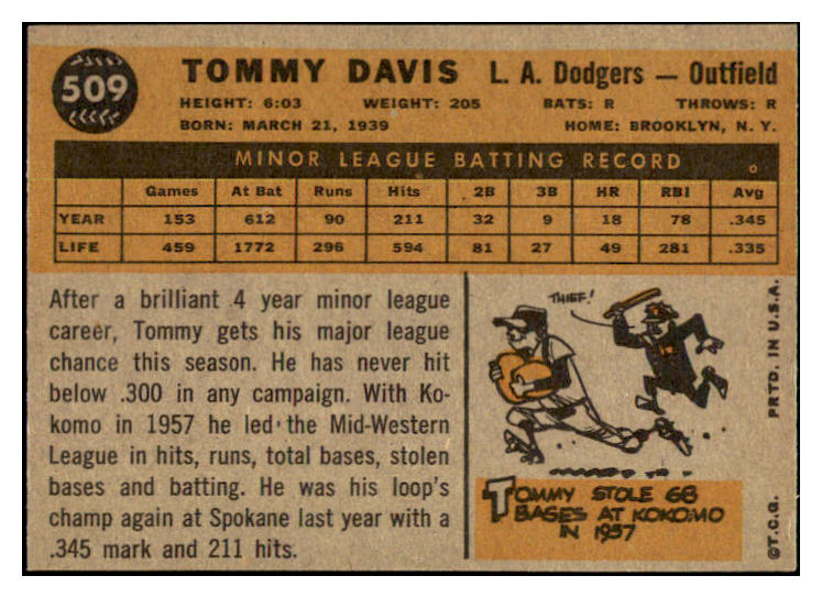 1960 Topps Baseball #509 Tommy Davis Dodgers EX-MT 501238