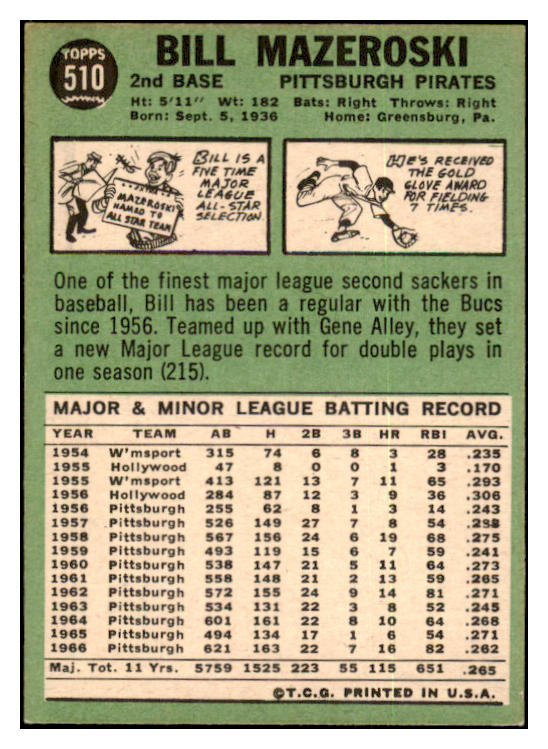 1967 Topps Baseball #510 Bill Mazeroski Pirates EX-MT 501241
