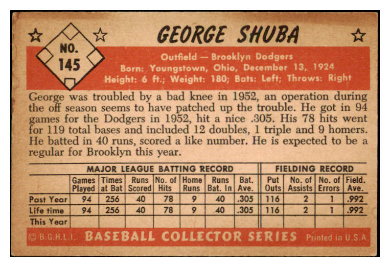 1953 Bowman Color Baseball #145 George Shuba Dodgers EX-MT 501692