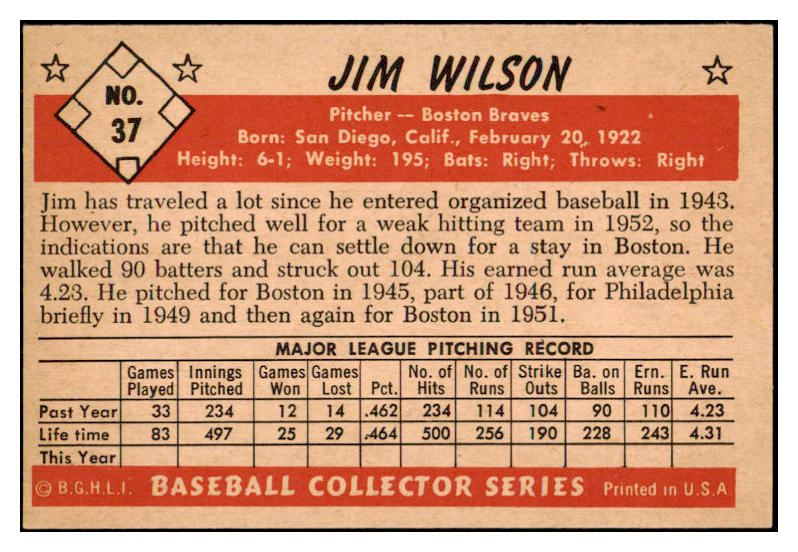 1953 Bowman Color Baseball #037 Jim Wilson Braves EX-MT 501706