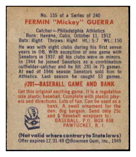 1949 Bowman Baseball #155 Mickey Guerra A's NR-MT 501810
