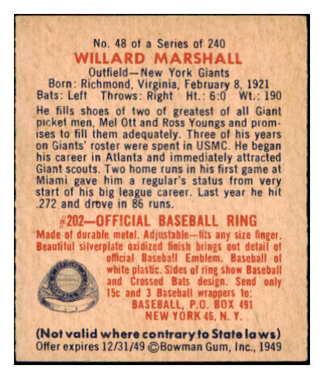 1949 Bowman Baseball #048 Willard Marshall Giants NR-MT 501818