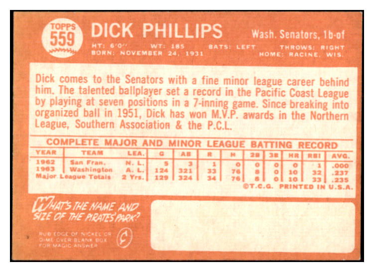 1964 Topps Baseball #559 Dick Phillips Senators EX-MT 502200