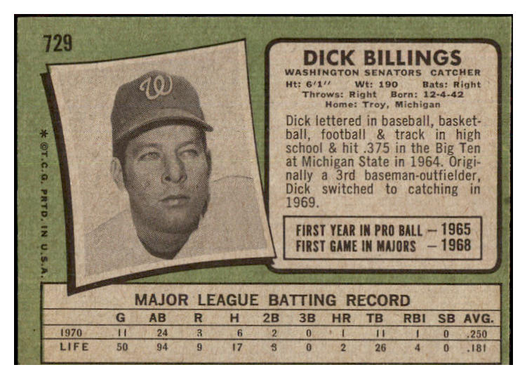 1971 Topps Baseball #729 Dick Billings Senators NR-MT 502485