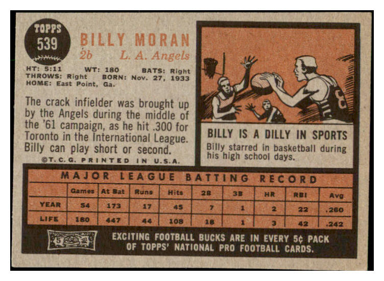 1962 Topps Baseball #539 Billy Moran Angels EX 504028