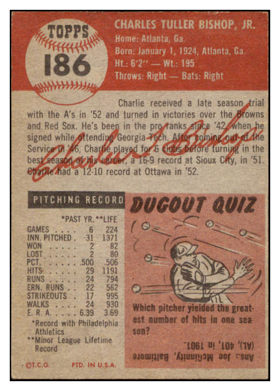 1953 Topps Baseball #186 Charlie Bishop A"S EX-MT 504456