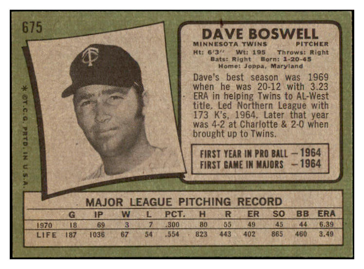 1971 Topps Baseball #675 Dave Boswell Twins NR-MT 504787