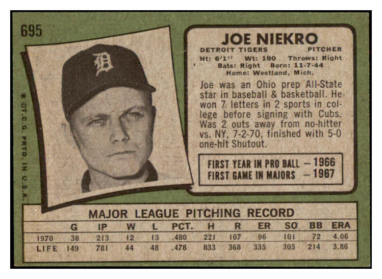 1971 Topps Baseball #695 Joe Niekro Tigers NR-MT 504848