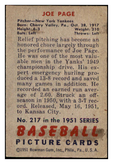 1951 Bowman Baseball #217 Joe Page Yankees EX-MT 505149
