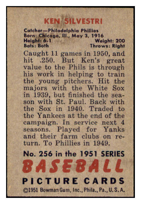 1951 Bowman Baseball #256 Ken Silvestri Phillies EX 505305