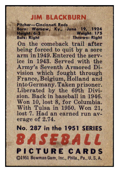 1951 Bowman Baseball #287 Jim Blackburn Reds NR-MT 505364