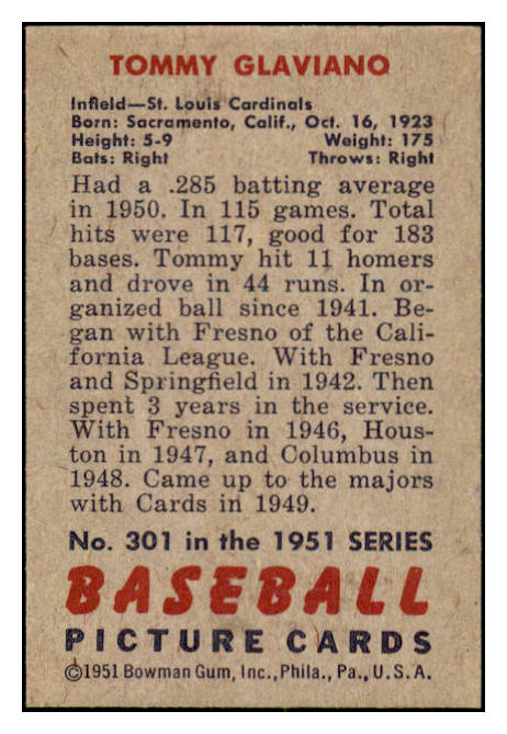 1951 Bowman Baseball #301 Tommy Glaviano Cardinals NR-MT 505367