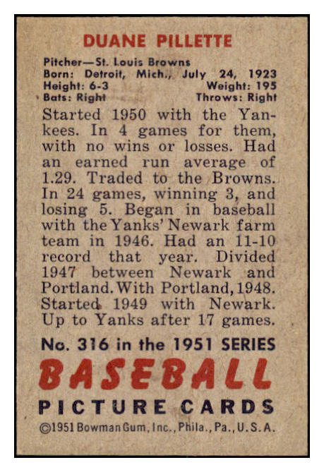 1951 Bowman Baseball #316 Duane Pillette Browns NR-MT 505372